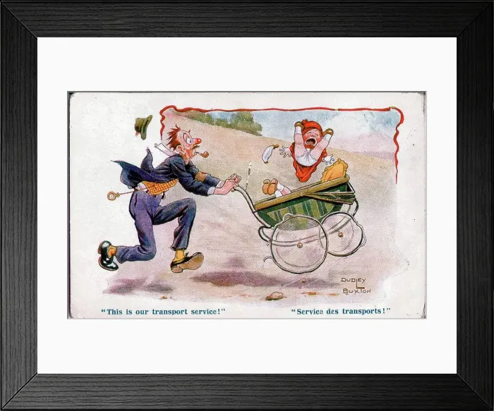 Framed Print : Comic postcard, Man wheeling baby in pram - This is our transport service! A Derby Scheme armband on his jacket shows that he is signed up and ready for active service. Date: circa 1915 Framed Print : Comic postcard, Man wheeling baby in pram - This is our transport service! A Derby Scheme armband on his jacket shows that he is signed up and ready for active service. Date: circa 1915