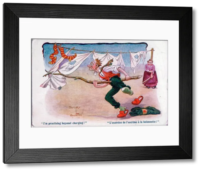 Framed Print : Comic postcard, Man attacking washing line - I'm practising bayonet charging! A Derby Scheme armband on his jacket shows that he is signed up and ready for active service. Date: circa 1915 Framed Print : Comic postcard, Man attacking washing line - I'm practising bayonet charging! A Derby Scheme armband on his jacket shows that he is signed up and ready for active service. Date: circa 1915