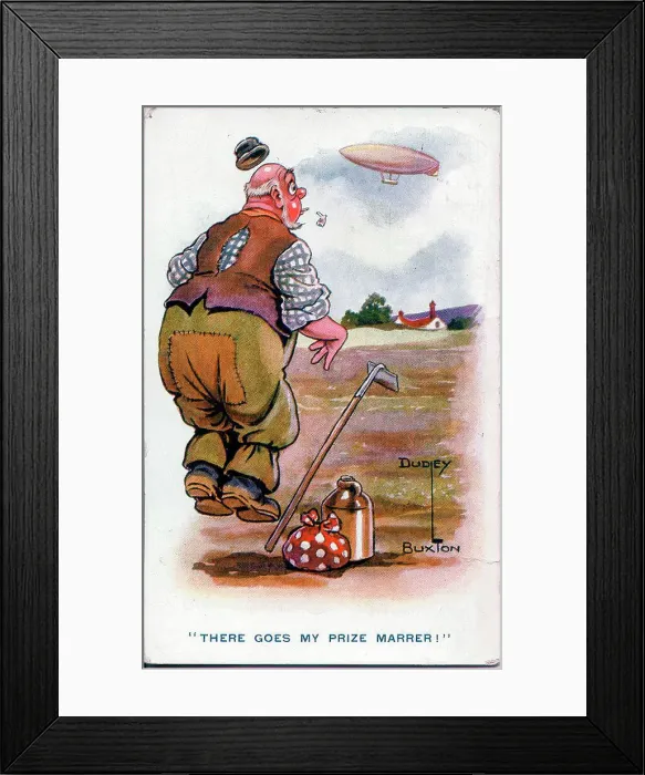 Framed Print : Comic postcard, Man mistakes airship for marrow - There goes my prize marrer! Date: 1914-1918 Framed Print : Comic postcard, Man mistakes airship for marrow - There goes my prize marrer! Date: 1914-1918