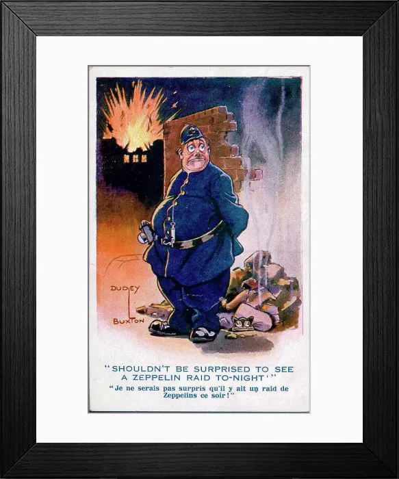 Framed Print : Comic postcard, Policeman expecting air raid - Shouldn't be surprised to see a Zeppelin raid tonight! Date: 1914-1918 Framed Print : Comic postcard, Policeman expecting air raid - Shouldn't be surprised to see a Zeppelin raid tonight! Date: 1914-1918