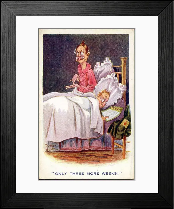 Framed Print : Comic postcard, Couple in bed, man longing to begin his army service - Only three more weeks! A Derby Scheme armband on his jacket shows that he is signed up and ready for active service. Date: circa 1915 Framed Print : Comic postcard, Couple in bed, man longing to begin his army service - Only three more weeks! A Derby Scheme armband on his jacket shows that he is signed up and ready for active service. Date: circa 1915