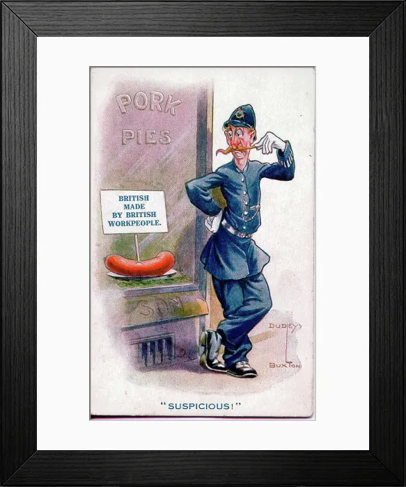 Framed Print : Comic postcard, Policeman suspicious of sausage, claimed to be British made by British workpeople Date: 1914-1918 Framed Print : Comic postcard, Policeman suspicious of sausage, claimed to be British made by British workpeople Date: 1914-1918