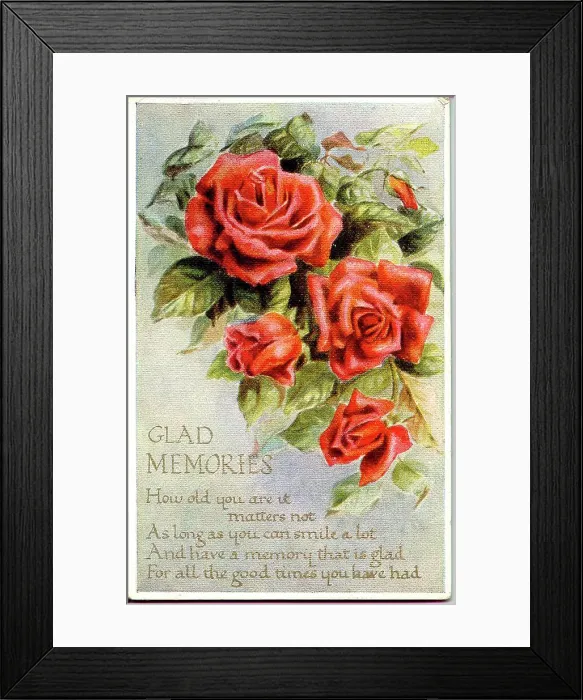 Framed Print : Birthday postcard, Orange roses, Glad Memories, with verse Date: early 20th century Framed Print : Birthday postcard, Orange roses, Glad Memories, with verse Date: early 20th century