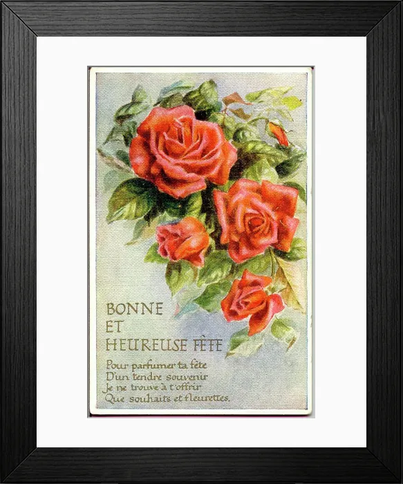 Framed Print : Birthday postcard, Orange roses, Bonne et Heureuse Fete Date: early 20th century Framed Print : Birthday postcard, Orange roses, Bonne et Heureuse Fete Date: early 20th century
