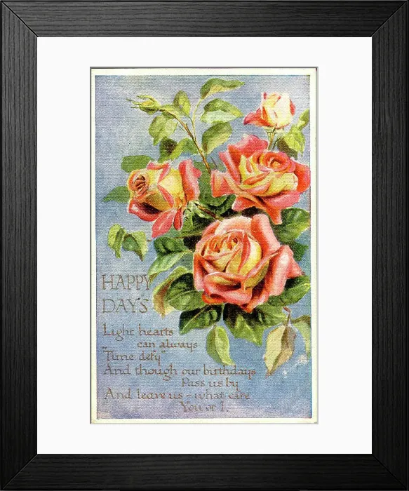 Framed Print : Birthday postcard, Pink and yellow roses, Happy Days Date: early 20th century Framed Print : Birthday postcard, Pink and yellow roses, Happy Days Date: early 20th century