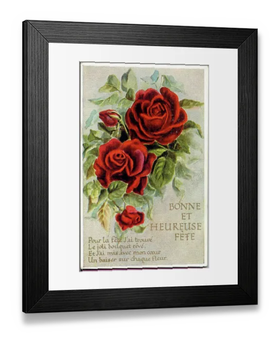 Framed Print : Birthday postcard, Red roses, Bonne et Heureuse Fete Date: early 20th century Framed Print : Birthday postcard, Red roses, Bonne et Heureuse Fete Date: early 20th century
