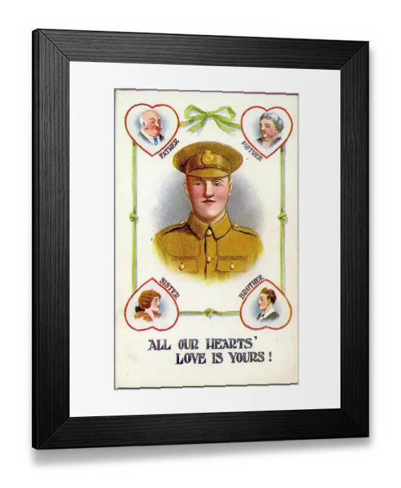 Framed Print : Postcard, Young man in army uniform - All our hearts love is yours! Date: 1914-1918 Framed Print : Postcard, Young man in army uniform - All our hearts love is yours! Date: 1914-1918