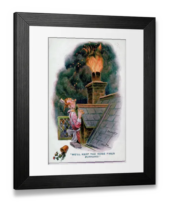 Framed Print : Comic postcard, Keep the home fires burning - woman shocked to see fire coming out of the chimney Date: 1914-1918 Framed Print : Comic postcard, Keep the home fires burning - woman shocked to see fire coming out of the chimney Date: 1914-1918