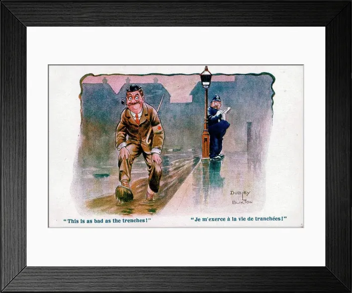Framed Print : Comic postcard, Man in a muddy street, pretending to be in the trenches, watched by policeman. A Derby Scheme armband on his jacket shows that he is signed up and ready for active service. Date: circa 1915 Framed Print : Comic postcard, Man in a muddy street, pretending to be in the trenches, watched by policeman. A Derby Scheme armband on his jacket shows that he is signed up and ready for active service. Date: circa 1915