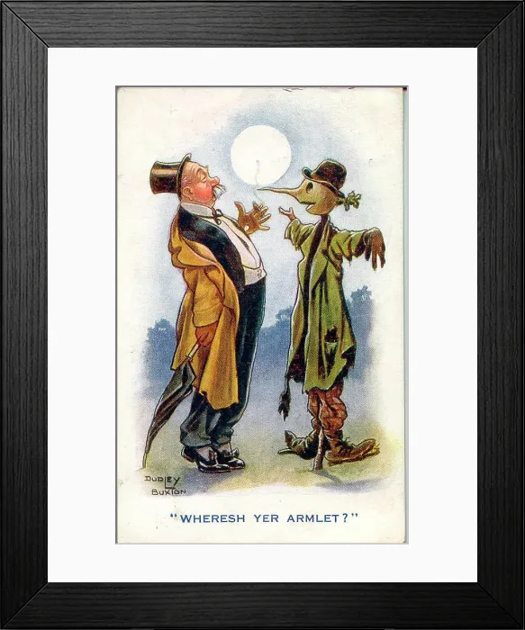 Framed Print : Comic postcard, Drunken man asks scarecrow where his Derby Scheme armband is, showing that he is signed up and ready for active service. Date: circa 1915 Framed Print : Comic postcard, Drunken man asks scarecrow where his Derby Scheme armband is, showing that he is signed up and ready for active service. Date: circa 1915