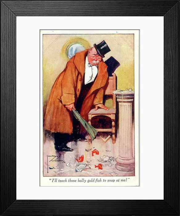 Framed Print : Comic postcard, Drunken man and goldfish Date: early 20th century Framed Print : Comic postcard, Drunken man and goldfish Date: early 20th century