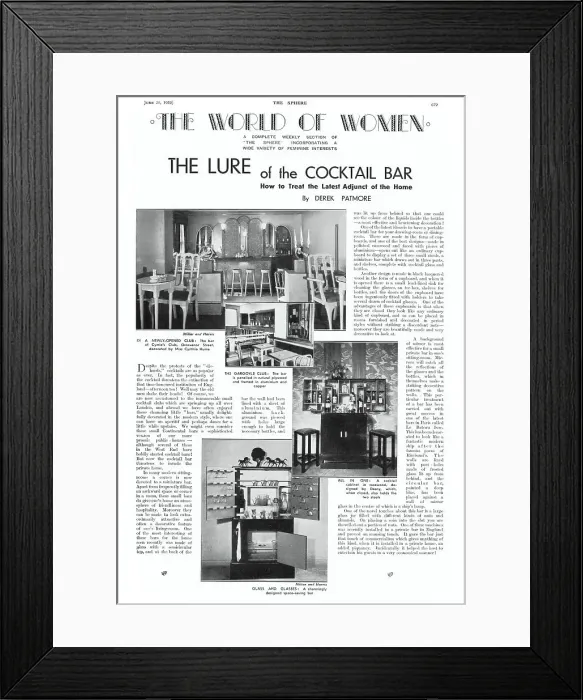 Framed Print : Page from The Sphere written by interiors expert Derek Patmore, reporting on the vogue for cocktail bars, featuring photographs of Cymie's Club in Grosvenor Street, decorated by Cynthia Hume Framed Print : Page from The Sphere written by interiors expert Derek Patmore, reporting on the vogue for cocktail bars, featuring photographs of Cymie's Club in Grosvenor Street, decorated by Cynthia Hume