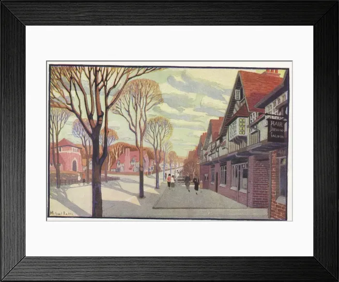 Framed Print : Shopping centre at Bournville, Birmingham, the estate built by the progressive industrialist George Cadbury to house his workers, and provide amenities and a pleasant environment for the community. Date: c.1920 Framed Print : Shopping centre at Bournville, Birmingham, the estate built by the progressive industrialist George Cadbury to house his workers, and provide amenities and a pleasant environment for the community. Date: c.1920