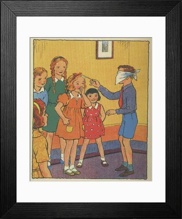 Framed Print : Children play a game of spoon buff, where the Blind Man walks around blindfolded and with a spoon. They must try to work out who the people are by only touching with a spoon. Date: c.1930 Framed Print : Children play a game of spoon buff, where the Blind Man walks around blindfolded and with a spoon. They must try to work out who the people are by only touching with a spoon. Date: c.1930