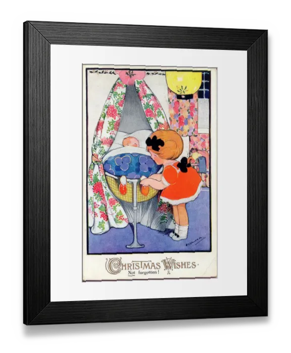 Framed Print : Christmas postcard, little girl and baby - Not forgotten! Date: circa 1930s