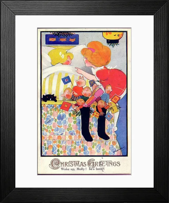 Framed Print : Christmas postcard, two little girls - Wake up, Molly! he's been! Date: circa 1930s Framed Print : Christmas postcard, two little girls - Wake up, Molly! he's been! Date: circa 1930s