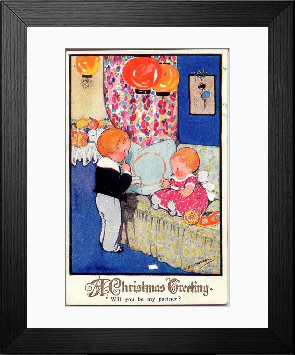 Framed Print : Christmas postcard, children's party - Will you be my partner? Date: circa 1930s Framed Print : Christmas postcard, children's party - Will you be my partner? Date: circa 1930s