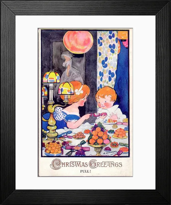 Framed Print : Christmas postcard, children with cracker - Pull! Date: circa 1930s Framed Print : Christmas postcard, children with cracker - Pull! Date: circa 1930s