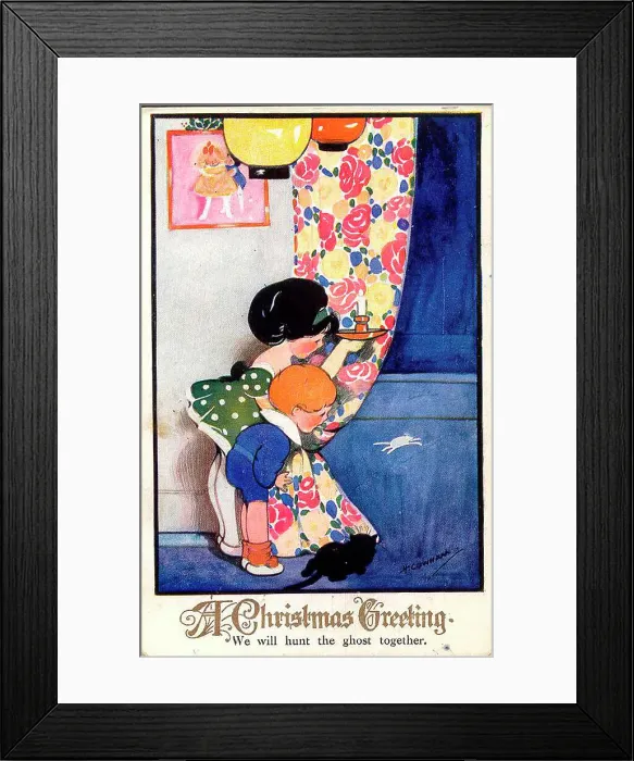 Framed Print : Christmas postcard, children with cat and mouse - We will hunt the ghost together. Date: circa 1930s Framed Print : Christmas postcard, children with cat and mouse - We will hunt the ghost together. Date: circa 1930s