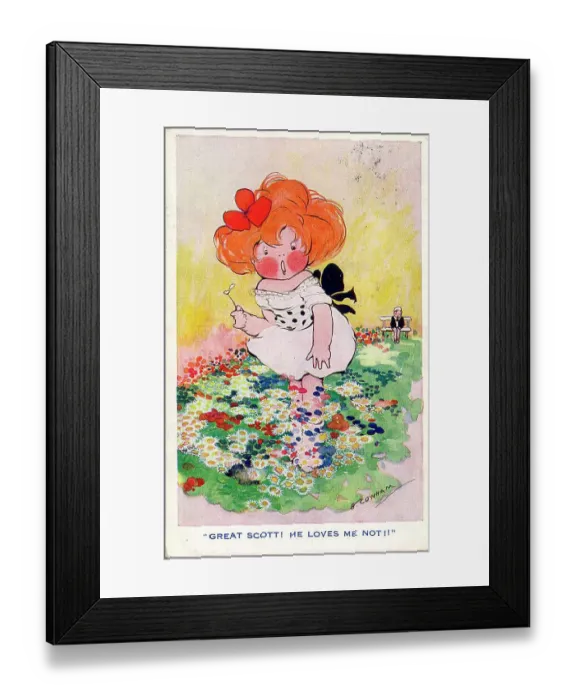 Framed Print : Comic postcard, little girl with daisies - Great Scott! He loves me not!! Date: circa 1930s Framed Print : Comic postcard, little girl with daisies - Great Scott! He loves me not!! Date: circa 1930s