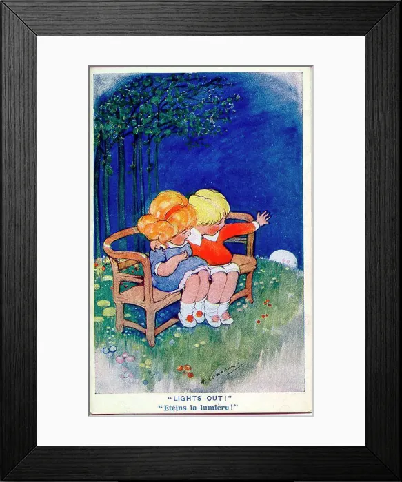 Framed Print : Comic postcard, girl and boy on park bench at night - Lights out! Date: circa 1930s Framed Print : Comic postcard, girl and boy on park bench at night - Lights out! Date: circa 1930s