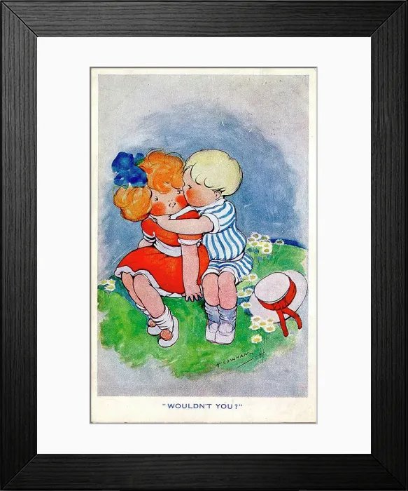 Framed Print : Comic postcard, boy kissing girl - Wouldn't you? Date: circa 1930s Framed Print : Comic postcard, boy kissing girl - Wouldn't you? Date: circa 1930s