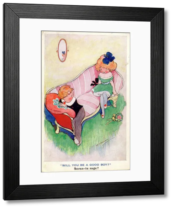 Framed Print : Comic postcard, girl and boy on a sofa - Will you be a good boy? Date: circa 1930s Framed Print : Comic postcard, girl and boy on a sofa - Will you be a good boy? Date: circa 1930s