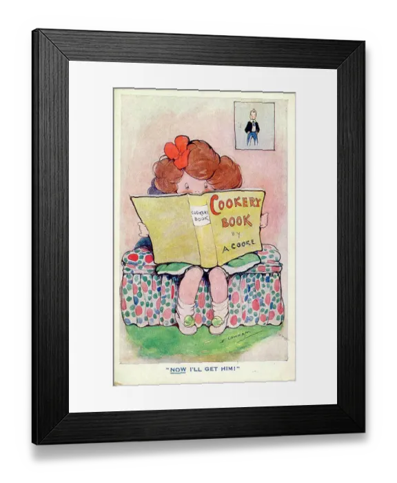Framed Print : Comic postcard, little girl with cookery book - Now I'll get him! Date: circa 1930s