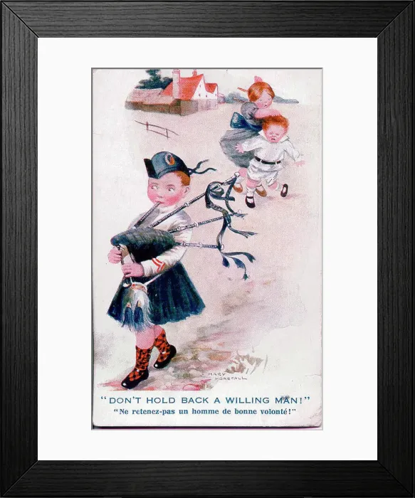 Framed Print : Comic postcard, girl, boy and bagpipe player - Don't hold back a willing man! Date: early 20th century Framed Print : Comic postcard, girl, boy and bagpipe player - Don't hold back a willing man! Date: early 20th century