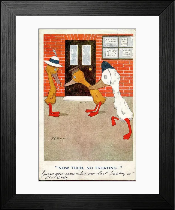 Framed Print : Comic postcard, three humanised ducks - Now then, no treating! Date: early 20th century Framed Print : Comic postcard, three humanised ducks - Now then, no treating! Date: early 20th century