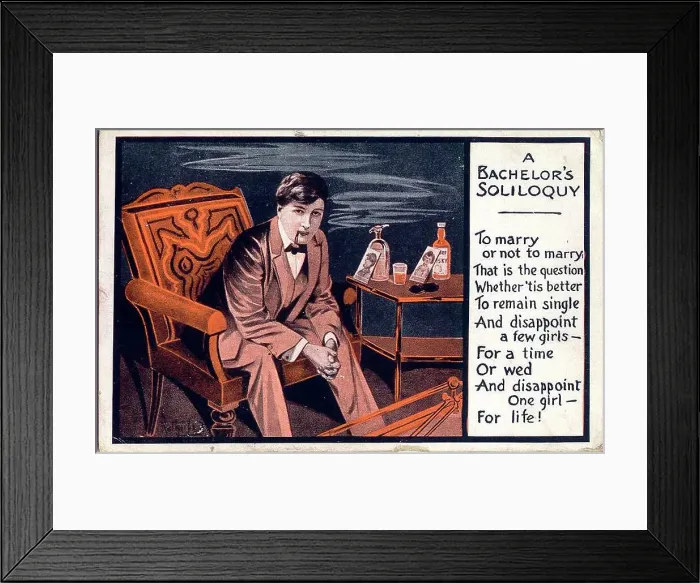 Framed Print : Comic postcard, A bachelor's soliloquy - Whether to get married or not (based on a Hamlet soliloquy) Date: early 20th century Framed Print : Comic postcard, A bachelor's soliloquy - Whether to get married or not (based on a Hamlet soliloquy) Date: early 20th century