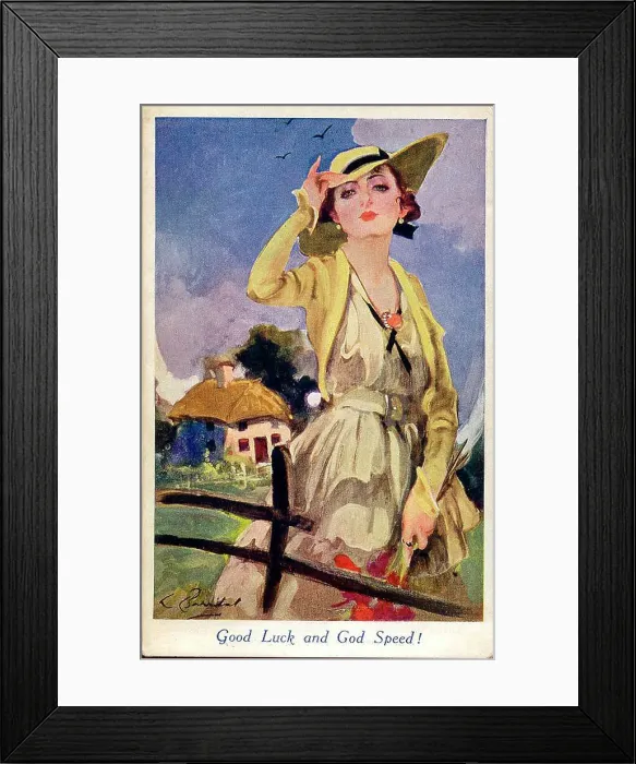 Framed Print : Patriotic postcard, Good Luck and God Speed! Elegant woman with cottage in the background. Date: early 20th century Framed Print : Patriotic postcard, Good Luck and God Speed! Elegant woman with cottage in the background. Date: early 20th century