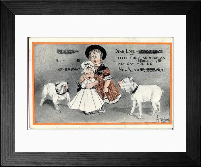 Framed Print : Comic postcard, two little girls singing, watched by two grumpy bulldogs Date: early 20th century Framed Print : Comic postcard, two little girls singing, watched by two grumpy bulldogs Date: early 20th century