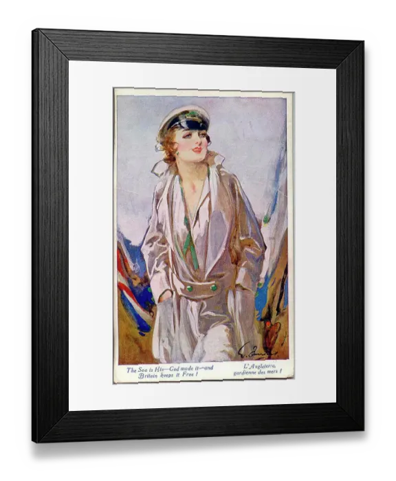 Framed Print : Patriotic postcard, Britain, guardian of the sea - an elegant woman in stylish nautical costume. Date: early 20th century Framed Print : Patriotic postcard, Britain, guardian of the sea - an elegant woman in stylish nautical costume. Date: early 20th century
