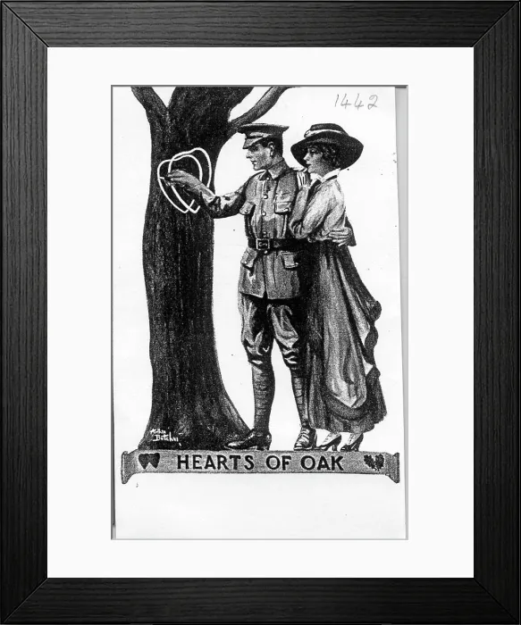 Framed Print : Romantic postcard, Hearts of Oak - soldier and girlfriend. Date: 1914-1918 Framed Print : Romantic postcard, Hearts of Oak - soldier and girlfriend. Date: 1914-1918