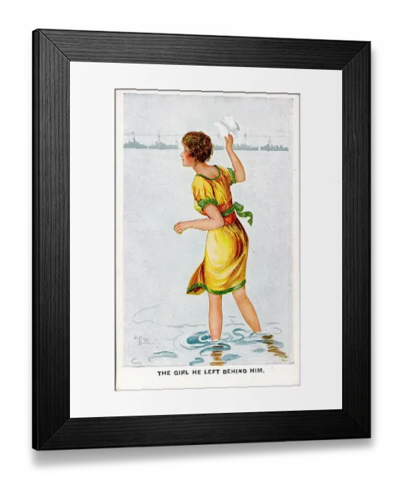 Framed Print : Postcard, Pretty woman in the sea, waving goodbye to a line of battleships on the horizon - The girl he left behind him. Date: 1914-1918 Framed Print : Postcard, Pretty woman in the sea, waving goodbye to a line of battleships on the horizon - The girl he left behind him. Date: 1914-1918