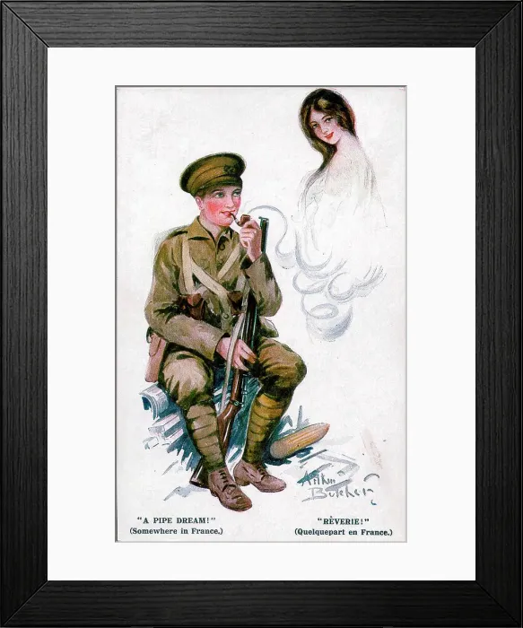 Framed Print : Postcard, Soldier dreams of pretty woman - A Pipe Dream! (Somewhere in France.) Date: 1914-1918 Framed Print : Postcard, Soldier dreams of pretty woman - A Pipe Dream! (Somewhere in France.) Date: 1914-1918