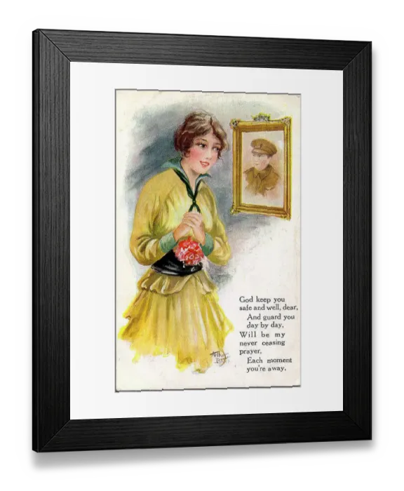 Framed Print : Postcard, Pretty woman gazes at the portrait of her absent soldier and says a prayer for him. Date: 1914-1918 Framed Print : Postcard, Pretty woman gazes at the portrait of her absent soldier and says a prayer for him. Date: 1914-1918