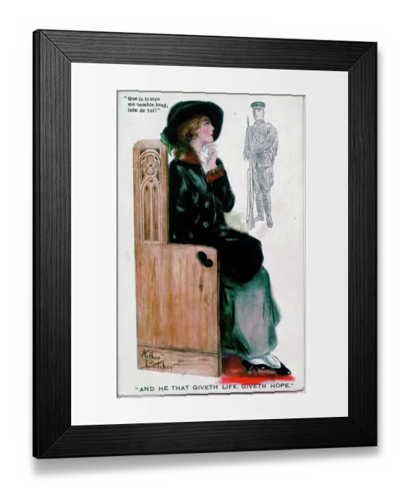 Framed Print : Postcard, Pretty woman in church thinks of her absent soldier - And he that giveth life, giveth hope. Date: 1914-1918 Framed Print : Postcard, Pretty woman in church thinks of her absent soldier - And he that giveth life, giveth hope. Date: 1914-1918