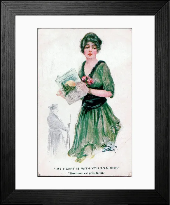 Framed Print : Postcard, Pretty woman with song sheet, absent soldier - My heart is with you tonight. Date: 1914-1918 Framed Print : Postcard, Pretty woman with song sheet, absent soldier - My heart is with you tonight. Date: 1914-1918