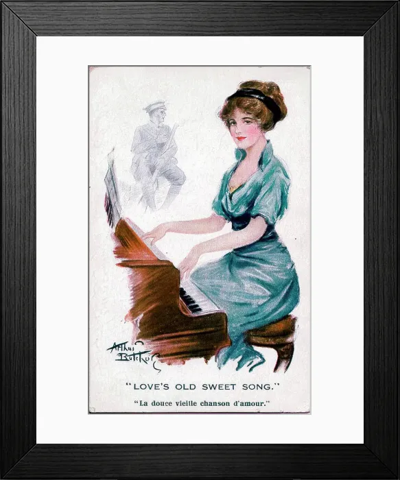 Framed Print : Postcard, Pretty woman playing the piano, absent soldier - Love's old sweet song. Date: 1914-1918 Framed Print : Postcard, Pretty woman playing the piano, absent soldier - Love's old sweet song. Date: 1914-1918