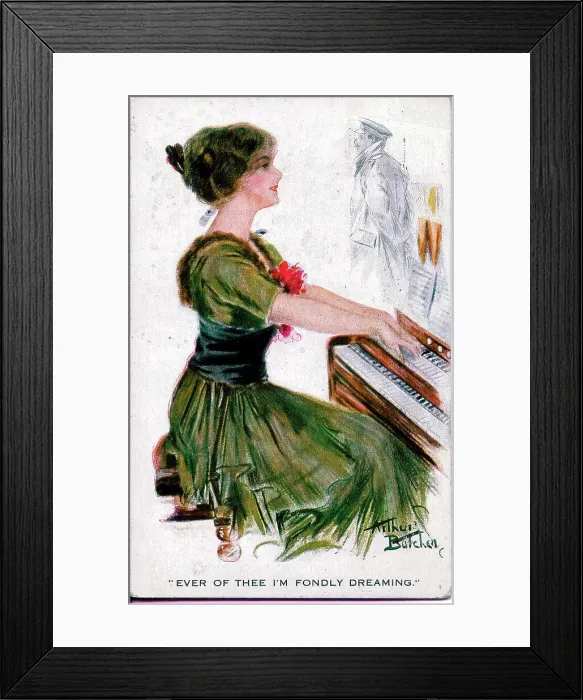 Framed Print : Postcard, Pretty woman playing the organ, absent soldier - Ever of thee I'm fondly dreaming. Date: 1914-1918 Framed Print : Postcard, Pretty woman playing the organ, absent soldier - Ever of thee I'm fondly dreaming. Date: 1914-1918