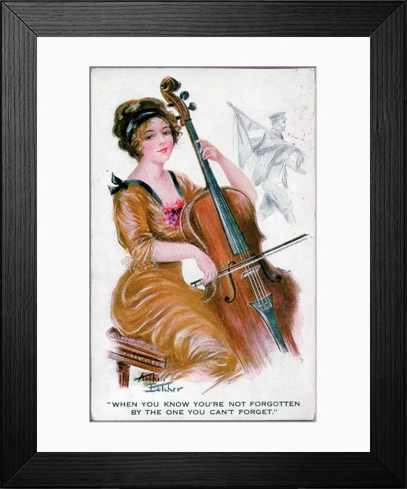 Framed Print : Postcard, Pretty woman playing the cello, absent soldier - When you know you're not forgotten by the one you can't forget. Date: 1914-1918 Framed Print : Postcard, Pretty woman playing the cello, absent soldier - When you know you're not forgotten by the one you can't forget. Date: 1914-1918