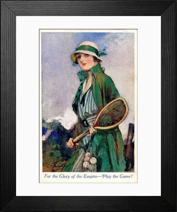 Framed Print : Patriotic postcard, For the Glory of the Empire - Play the Game! Elegant woman with tennis racket. Date: early 20th century Framed Print : Patriotic postcard, For the Glory of the Empire - Play the Game! Elegant woman with tennis racket. Date: early 20th century