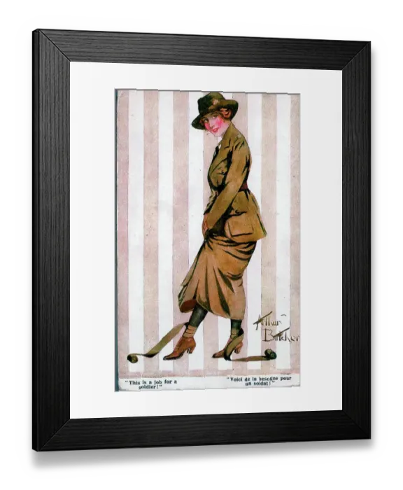 Framed Print : Comic postcard, Pretty woman in khaki uniform - This is a job for a soldier! Date: 1914-1918 Framed Print : Comic postcard, Pretty woman in khaki uniform - This is a job for a soldier! Date: 1914-1918