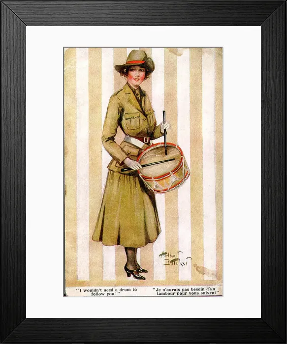 Framed Print : Comic postcard, Pretty woman in khaki uniform, playing a drum - I wouldn't need a drum to follow you! Date: 1914-1918 Framed Print : Comic postcard, Pretty woman in khaki uniform, playing a drum - I wouldn't need a drum to follow you! Date: 1914-1918