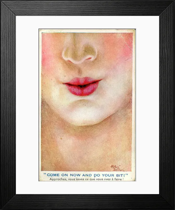 Framed Print : Comic postcard, Pretty woman's rosebud lips - Come on now and do your bit! Date: 1914-1918 Framed Print : Comic postcard, Pretty woman's rosebud lips - Come on now and do your bit! Date: 1914-1918