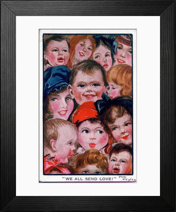 Framed Print : Postcard full of smiling faces, We all send love! Date: 1914-1918 Framed Print : Postcard full of smiling faces, We all send love! Date: 1914-1918