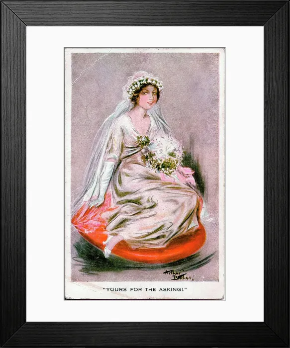 Framed Print : Postcard, Pretty woman in a wedding dress - Yours for the asking! Date: early 20th century Framed Print : Postcard, Pretty woman in a wedding dress - Yours for the asking! Date: early 20th century