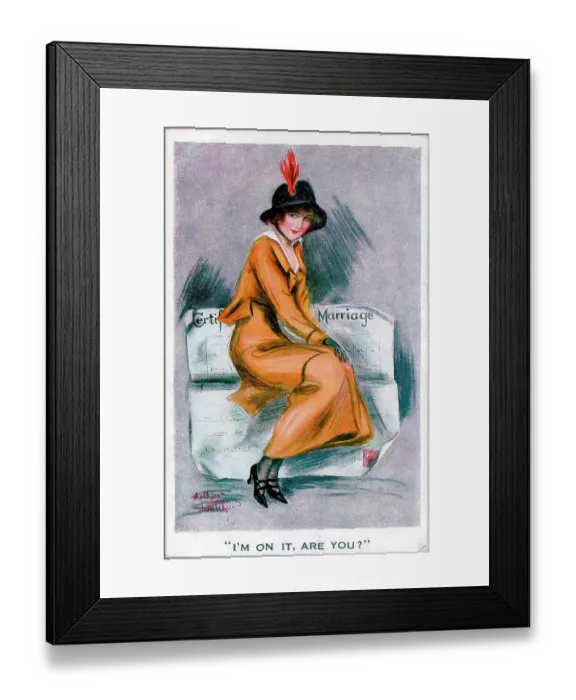 Framed Print : Postcard, Pretty woman with marriage certificate - I'm on it, are you? Date: early 20th century Framed Print : Postcard, Pretty woman with marriage certificate - I'm on it, are you? Date: early 20th century